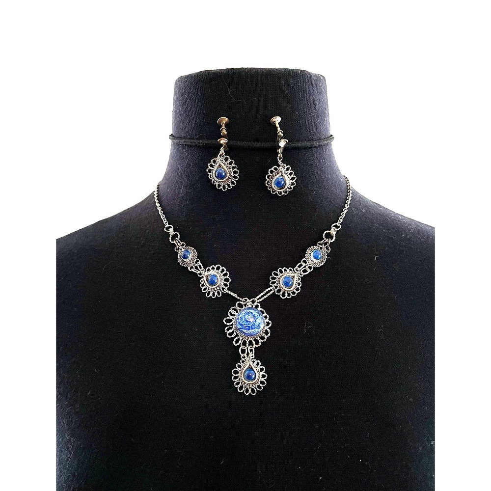 Vintage Blue Glass Silver Wire Sculpted Crochet Filigree Necklace Earrings Set